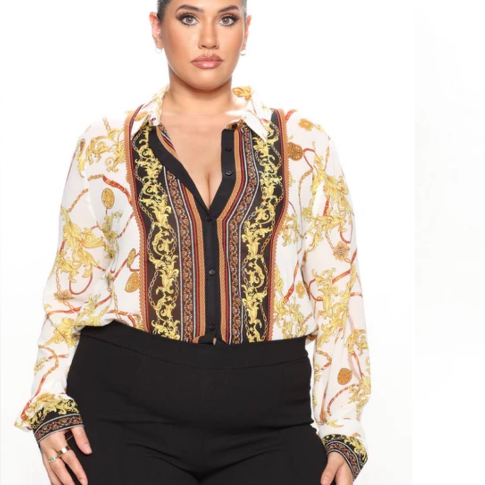 Fashion Nova Gold and Brown Patterned Blouse